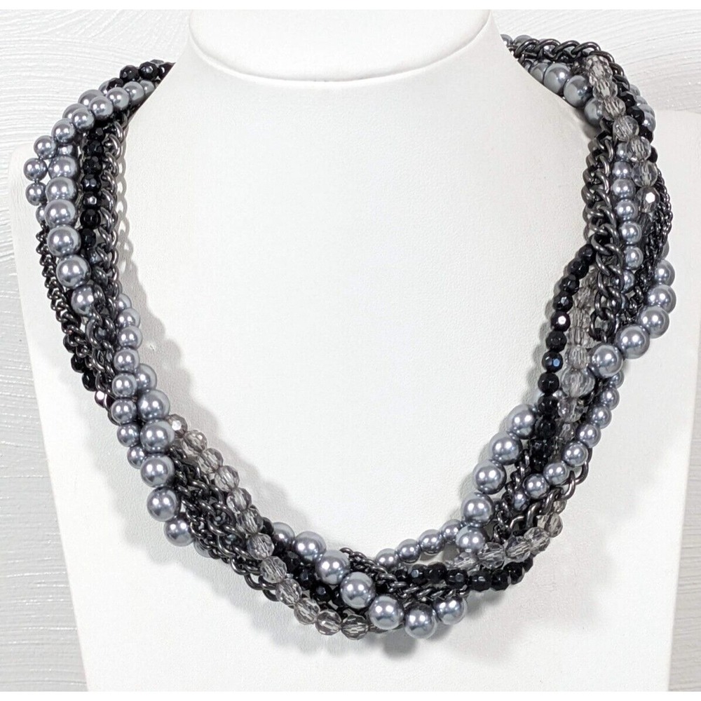 Premier Designs Gray‎ Black Multi Strand Faux Pearl Statement Necklace 22"